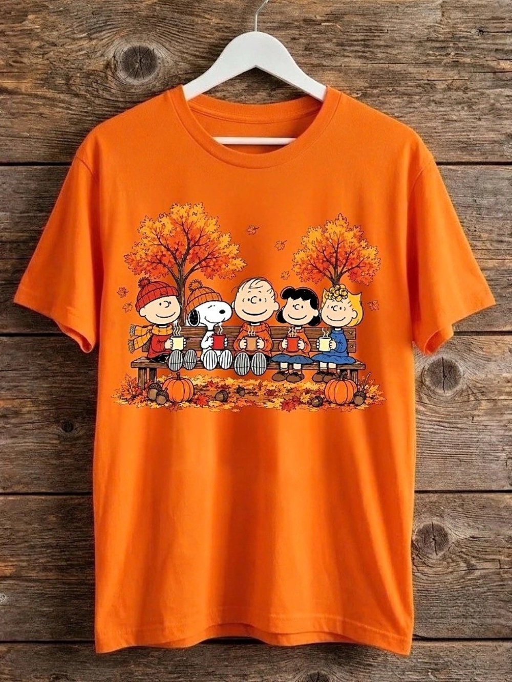 Peanuts Snoopy Charlie Brown Fall Autumn Leaves Bench Coffee Vintage Orange T-Sh
